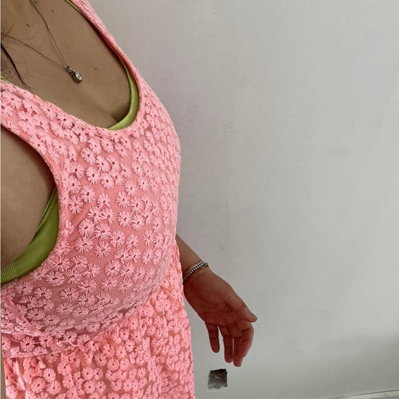 Coral Pink Mini Lace Floral Babydoll Dress Kawaii Mesh Tulle Flower Barbie Cute - Picture 4 of 7